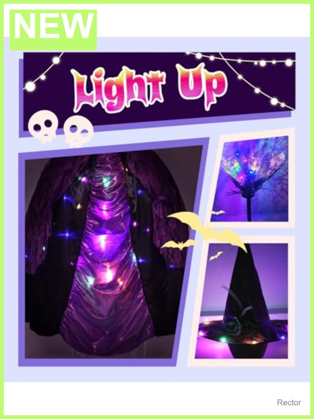 Girls Witch Costume Light Up Dress Hat Broomstick Halloween - Picture 2 of 6